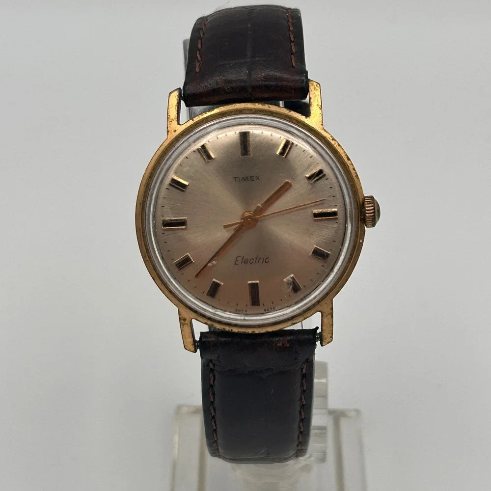 Vtg‎ Timex Electric Mens Watch Gold Tone Champagne Dial Brown Leather FOR REPAIR